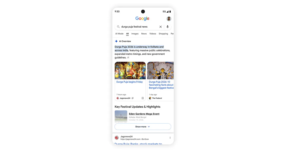 Google AI搜索中的文章链接与缩略图展示示意图